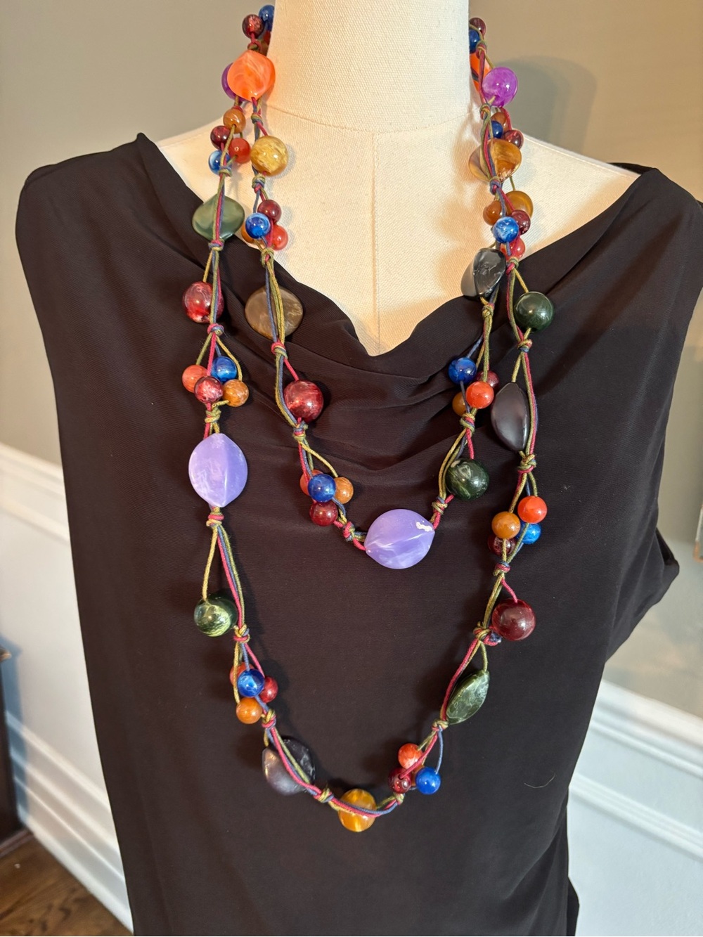 Multicolor Beaded Layered Necklace, no clasp, 32 inches, BOHO